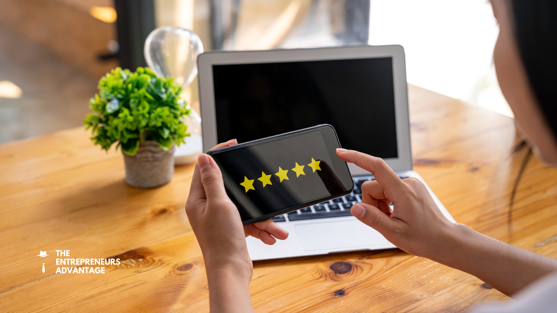 Automate Google Reviews – 5-Star Rating on Smartphone A business owner holding a smartphone displaying a 5-star rating, representing how to automate Google reviews to boost local SEO and digital trust.