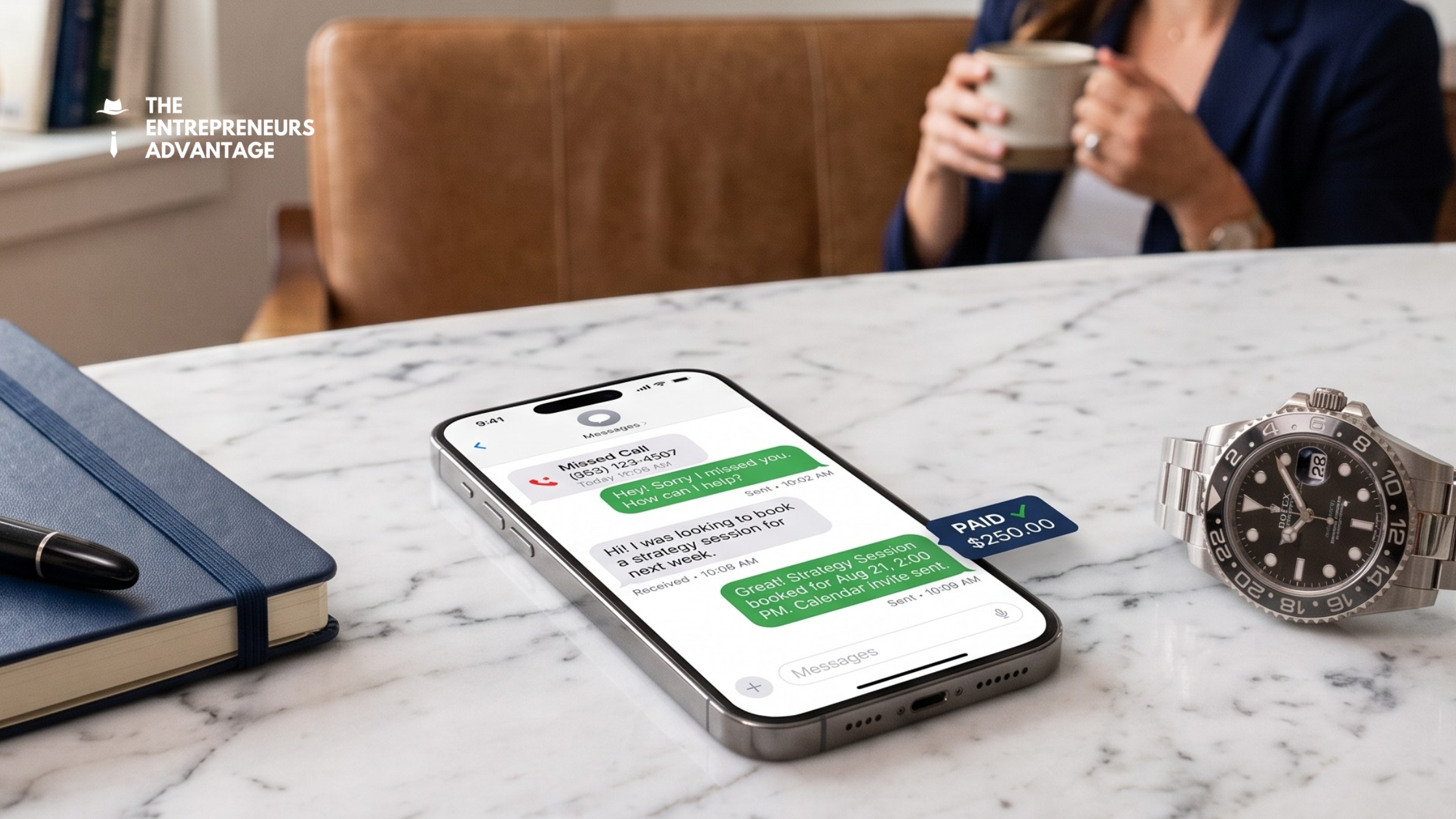 The 3 Simple Automations Every Founder Needs Today A smartphone on a marble desk displaying an automated SMS conversation where a missed call turns into a booked appointment and a paid invoice, illustrating the power of business automation.